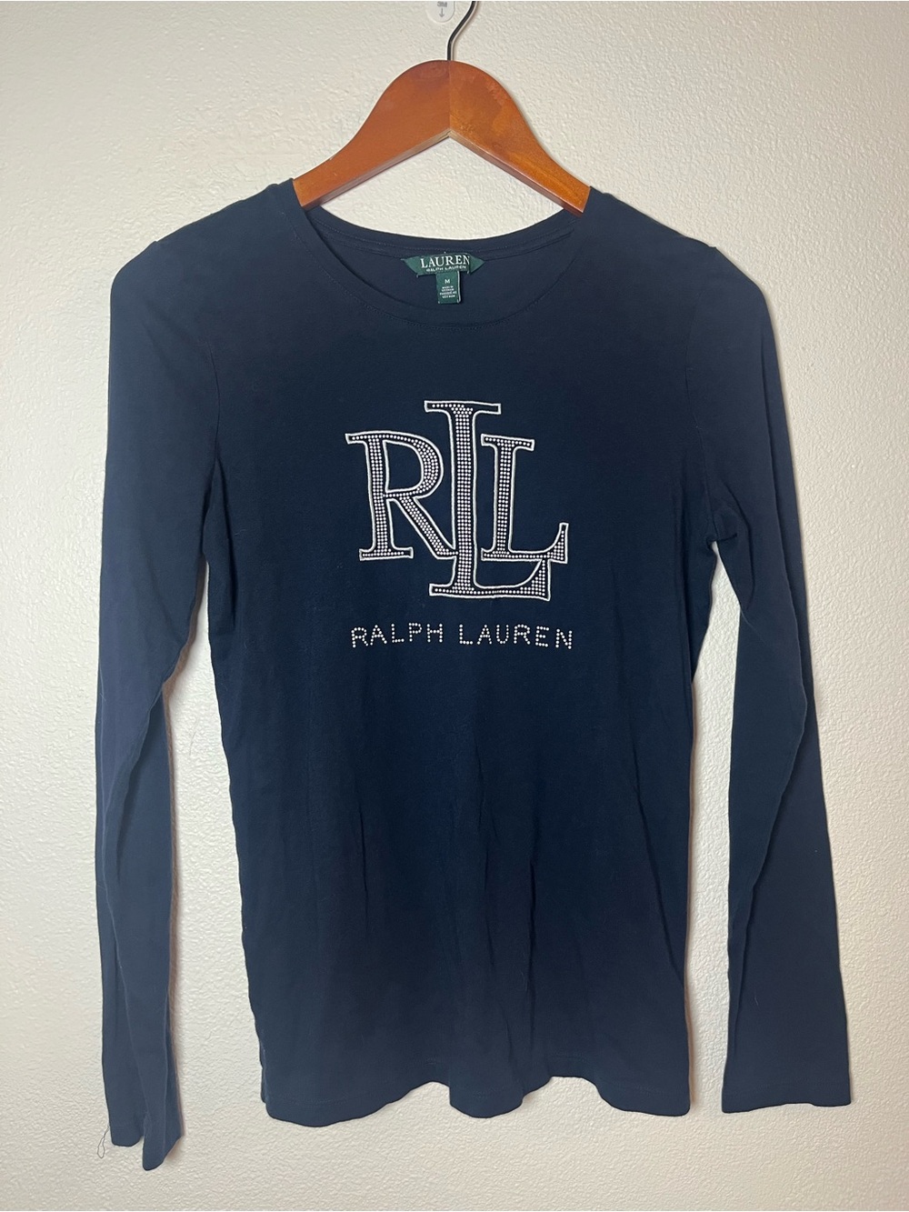 Ralph Lauren Navy Long Sleeve RL Logo Tee with White Embellishment